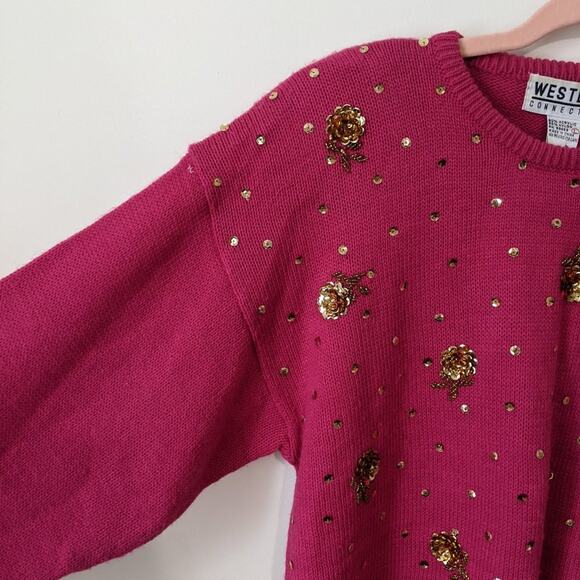 Vintage 80s 90s Pink Gold Sequins Sequined Floral Crewneck Funky Sweater 1980s L - Picture 7 of 11